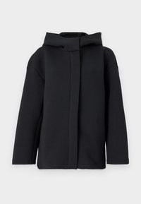 Black hooded sweatshirt with a relaxed fit, featuring a smooth texture, long sleeves, and a front opening without traditional closures.