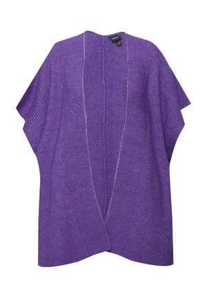 Lilla åben-front strik poncho med brede ærmer, ribbet tekstur og subtile lodrette syninger. Ingen fastgøringer eller lukninger.