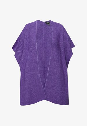 Lila offentragendes Strick-Poncho mit weiten Ärmeln, geripptem Textur und dezenten vertikalen Nahtdetails. Keine Verschlüsse oder Schließmechanismen.