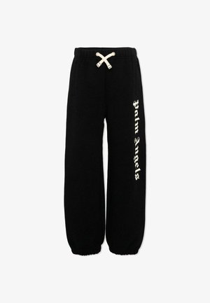 Pantalon de survêtement noir avec ceinture à cordon blanche et texte "Palm Angels" en police gothique blanche le long de la jambe droite. Poignets élastiques aux chevilles.
