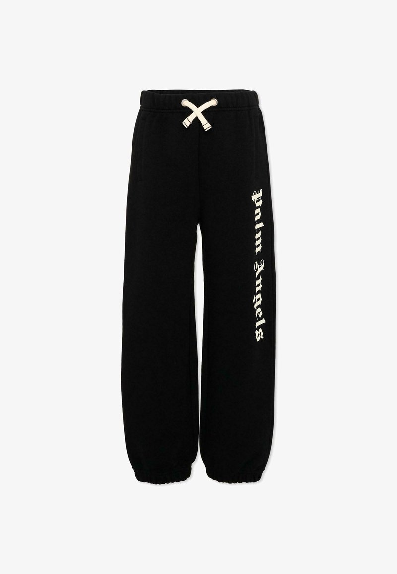 Pantalon de survêtement noir avec ceinture à cordon blanche et texte "Palm Angels" en police gothique blanche le long de la jambe droite. Poignets élastiques aux chevilles.