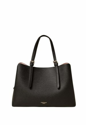 Borsa tote in pelle nera con due tracolle regolabili e logo dorato "Twinset" centrato vicino al fondo.