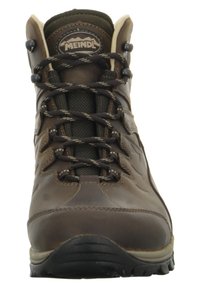 Braune Leder-Wanderstiefel mit textile Akzenten, gepolstertem Schaft und lebhaften Schnürsenkeln. Verfügt über eine robuste Gummisohle und eine verstärkte Zehenkappe.