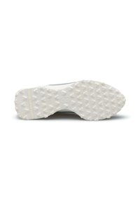Weißer Sportschuhsohle mit strukturiertem Grip-Muster, das eine glatte Oberfläche und einen leicht erhöhten Akzent an der Seite aufweist.