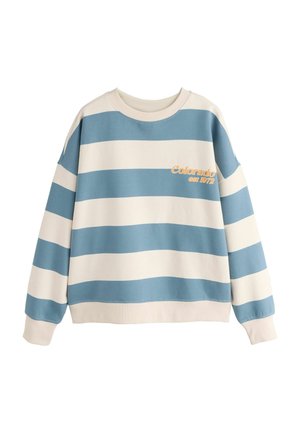 Hellblau und creme gestreifter Sweatshirt. Verfügt über einen runden Halsausschnitt, gerippte Bündchen und orangefarbene Stickerei "Colorado est 1972".