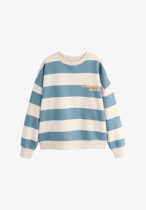 Vaaleansininen ja kermansävyinen raidallinen collegepaita. Ominaisuuksiin kuuluu pyöreä kaula-aukko, ribatut hihansuut ja oranssi kirjonta "Colorado est 1972".