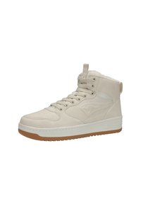 High-top sneakers in cream-colored leather with a textured finish, round toe, lace-up front, and rubber gum sole. Light fur lining detail.