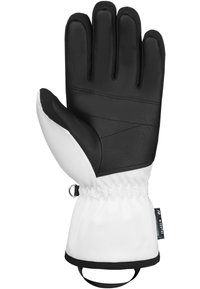 Black and white winter glove with a textured leather palm, a soft white cuff, elastic wrist, and a strap for secure fit.