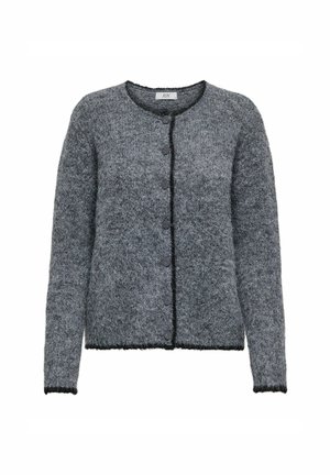 Cárdigan de punto gris con un escote redondo, cinco botones negros y bordes deshilachados. Textura suave con un ajuste holgado y color sólido.