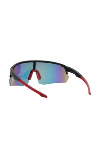 Occhiali da sole sportivi con una montatura nera, dettagli rossi e lenti specchiate multicolori; design leggero con stile avvolgente.