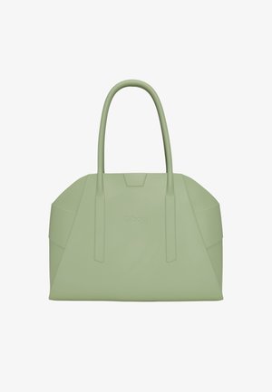 Grøn syntetisk tote bag med forlængede håndtag, vinkelret form og præget logo. Glat tekstur og minimalistisch design.