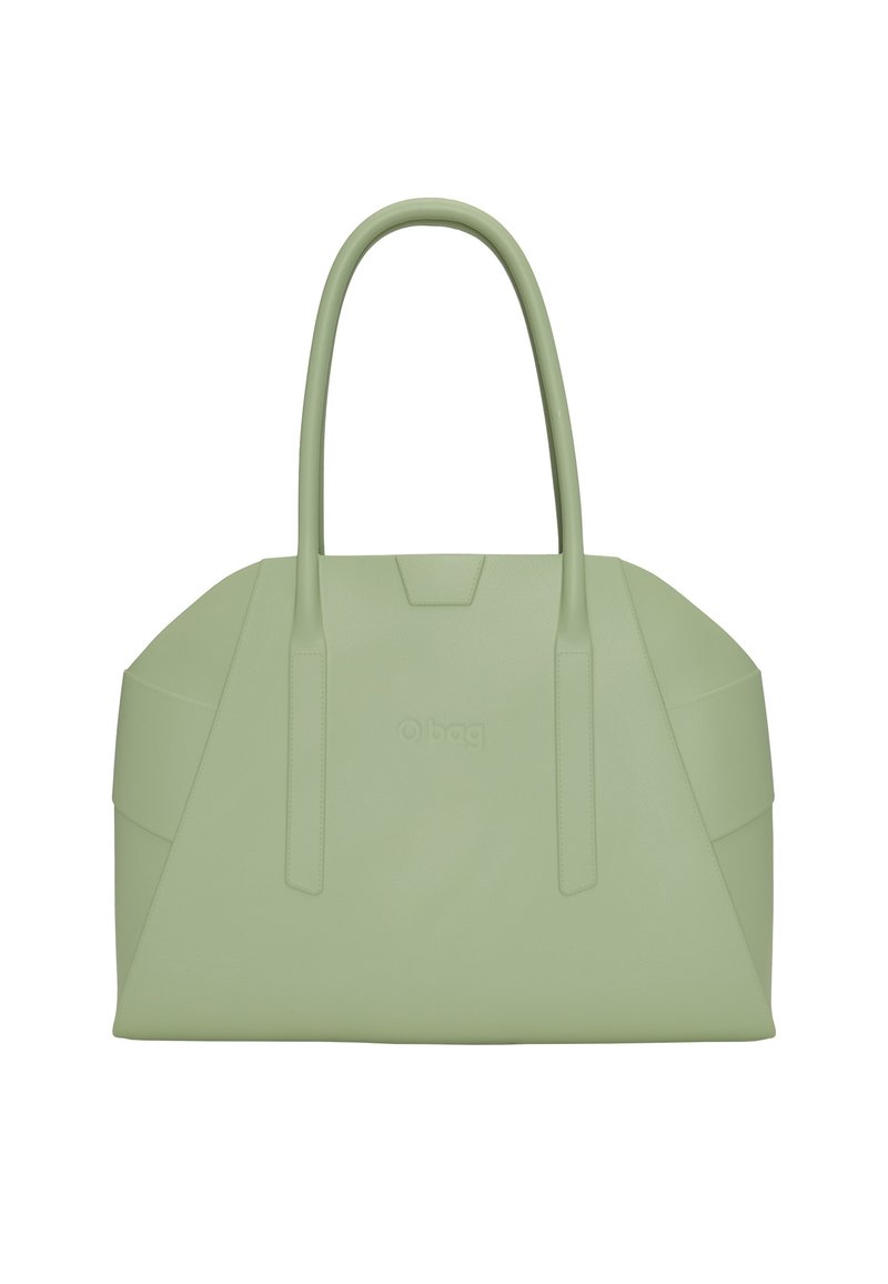 Zielona syntetyczna torba na ramię z wydłużonymi uchwytami, kanciastym kształtem i wytłoczonym logo. Gładka faktura i minimalistyczny design.