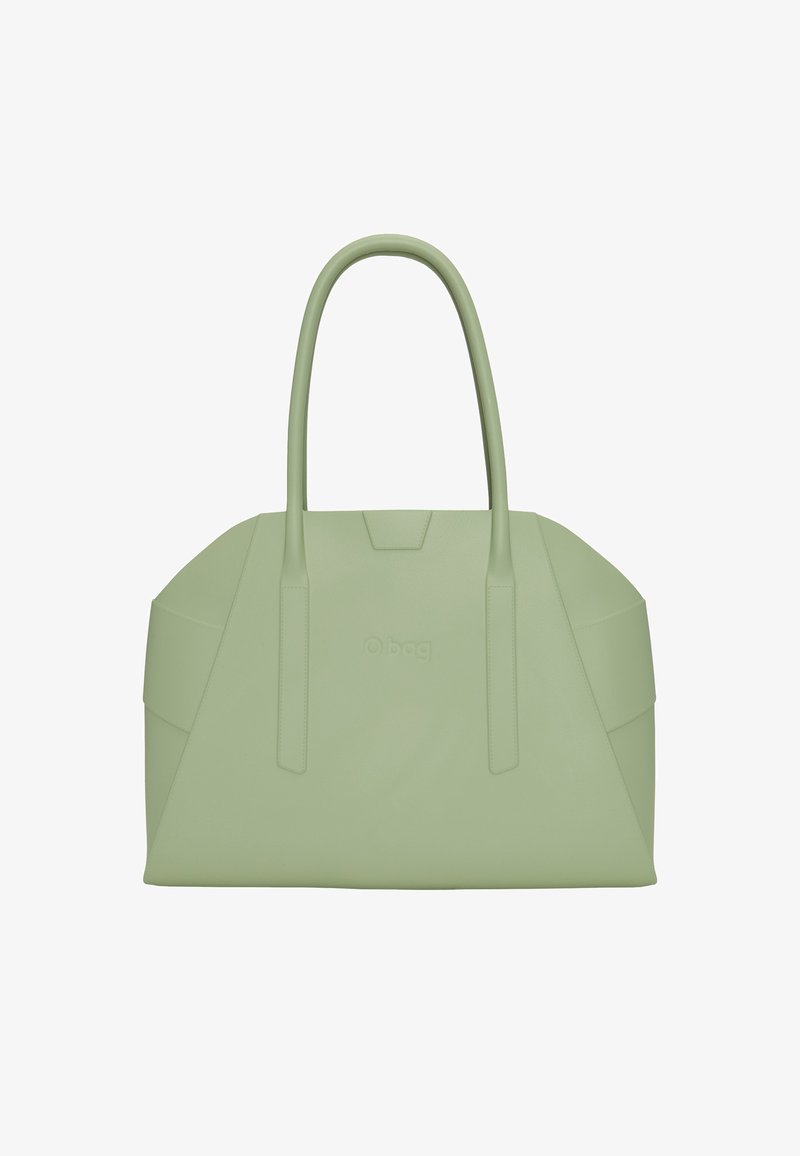 Zielona syntetyczna torba na ramię z wydłużonymi uchwytami, kanciastym kształtem i wytłoczonym logo. Gładka faktura i minimalistyczny design.
