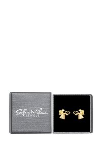 Orecchini a forma di angelo in oro con un accento a forma di cuore, presentati in una scatola regalo con texture argentata e interno nero.