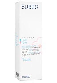 Eubos children's wash gel packaging, primarily white with blue and pink text. Features details on gentle care for dry skin and hair.