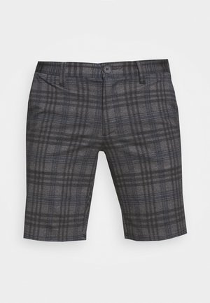 Shorts à carreaux gris avec une fermeture à bouton, une coupe plate à l'avant et une coupe ajustée. Le motif inclut des nuances de gris foncé et de gris clair.