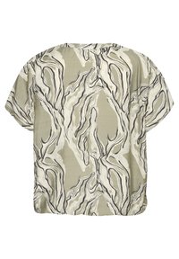 Haut à manches courtes en tissu vert olive atténué. Présente un motif abstrait tourbillonnant en noir et beige. Coupe ample avec un col ras du cou.