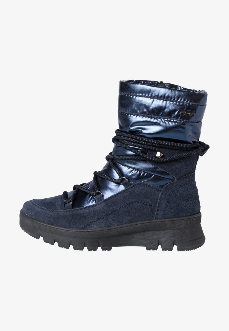 Mörkblå vinterstövlar med en vadderad, blank ovandel, mocka vid tå och sidor, justerbara snören och en robust svart sula.