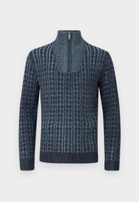 Gebreide trui in donkerblauw met een patroontextuur, voorzien van een hoge hals en een half rits aan de voorkant. Lange mouwen en geribbelde zoom.