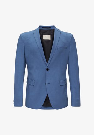 Blazer in Blau mit eingefasstem Revers, einreihiger Knopfverschluss, zwei Fronttaschen und schwarzem Innenfutter. Glattes Gewebe mit subtiler Textur.