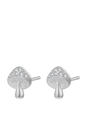 Silver mushroom-shaped earrings with a textured surface and glittering accents. The design includes a small post for fastening.