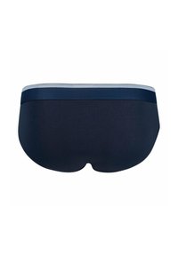 Biancheria intima in cotone blu navy con una texture liscia e una cintura elastica a contrasto. Presenta un design posteriore semplice e senza cuciture.