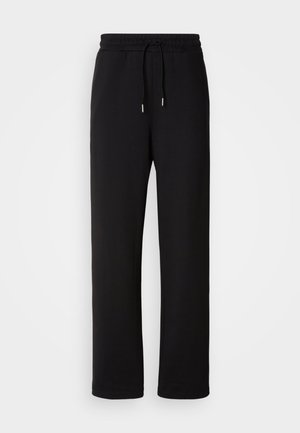 Zwarte sweatpants van zacht materiaal, met een trekkoord in de taille, rechte pijpen en zonder extra patronen of accenten.