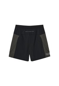 Sorte atletikshorts med grå sidelommer, elastisk taljebånd og hvid tekst "PHYSICAL EDUCATION & TRAINING" og "F.U.T." på højre ben.