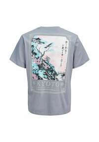 Camiseta de algodón gris con un gráfico a todo color de un paisaje japonés en la parte posterior, con texto y elementos decorativos en el borde.