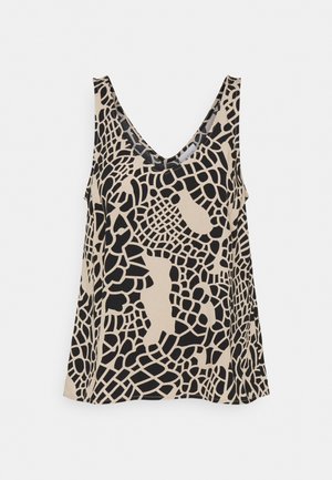 Ärmelloses Tanktop mit V-Ausschnitt und beige-schwarzem abstraktem Mosaikmuster, dargestellt auf weißem Hintergrund.