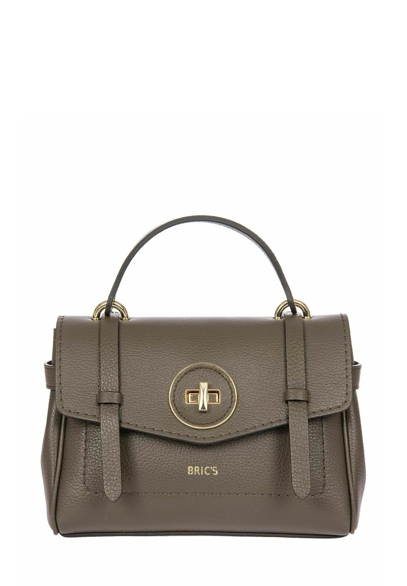 Sac à main en cuir vert olive avec une anse supérieure, quincaillerie dorée, fermeture à rabat et logo embossé sur le devant. Design rectangulaire compact.