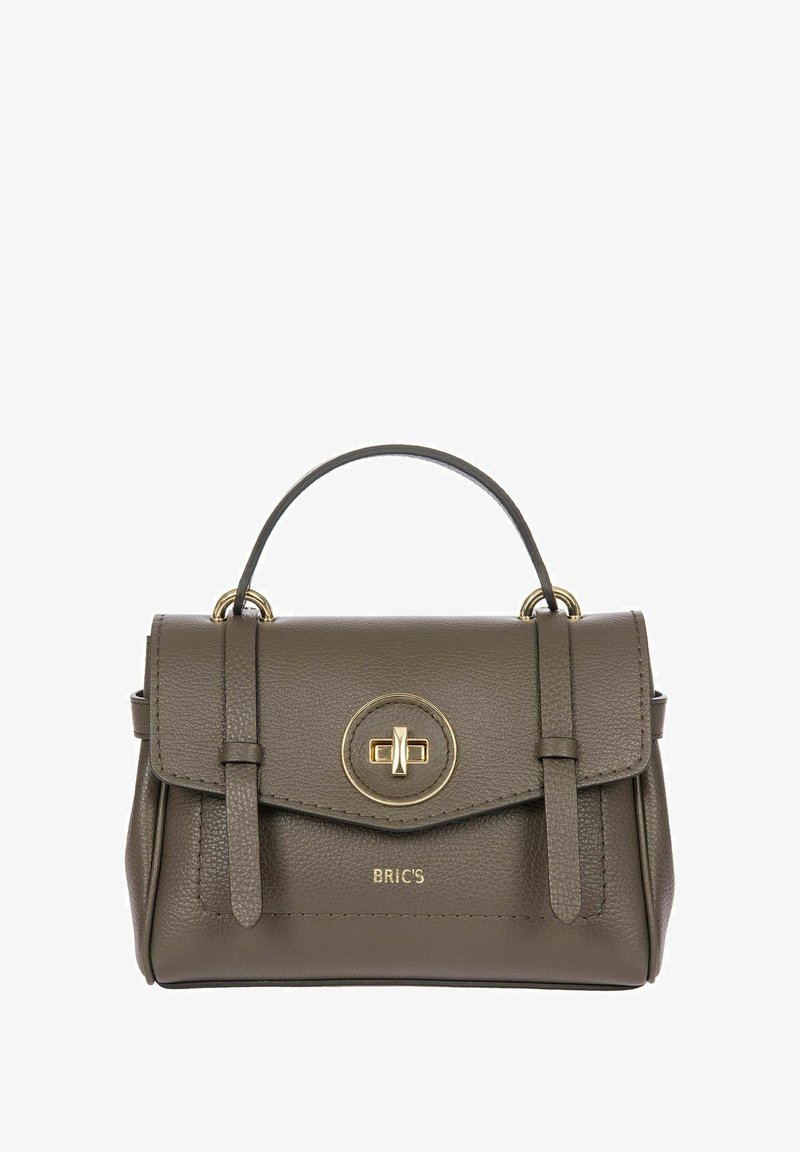 Olive green leather handbag with a top handle, gold hardware, a flap closure, and embossed logo on the front. Compact rectangular design.