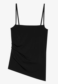 Top nero senza maniche con spalline sottili; presenta un design drappeggiato su un lato e una texture liscia; realizzato in tessuto elastico.