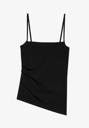 Black, sleeveless top with thin straps; features a draped design on one side and smooth texture; made of stretchy fabric.
