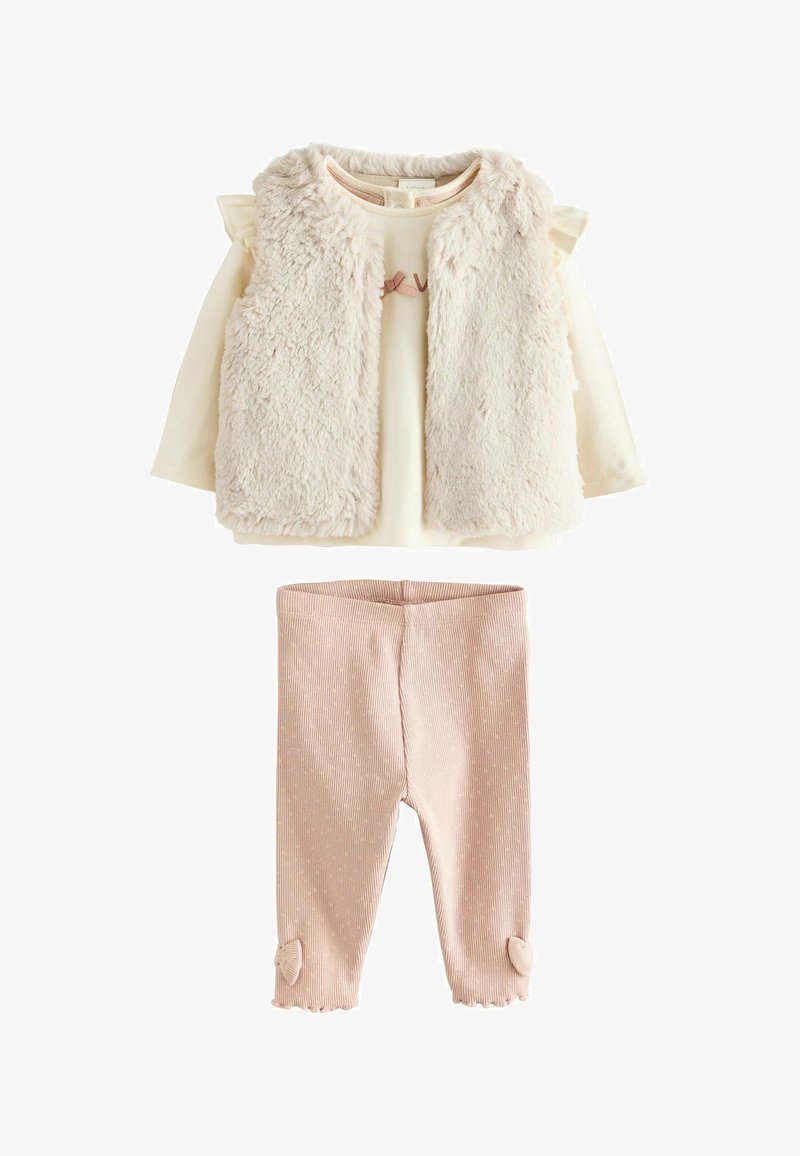 Cream long-sleeve shirt with fuzzy vest and light pink ribbed leggings featuring small bows at the ankles for infant or toddler.