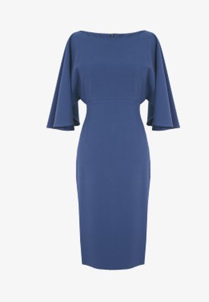 Granatowa sukienka z miękkiego materiału, z dekoltem w łódkę i szerokimi, zwiewnymi rękawami, dopasowanym w talii krojem i długością do kolan.