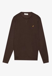 Brown sweatshirt made of soft fabric with a crew neck and long sleeves, featuring a small yellow logo on the chest.