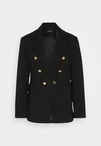 Musta kaksirivinen bleiseri, joka on valmistettu sileästä kankaasta ja jossa on kultaiset napit, viisto kaulus sekä kaksi etupokkia.