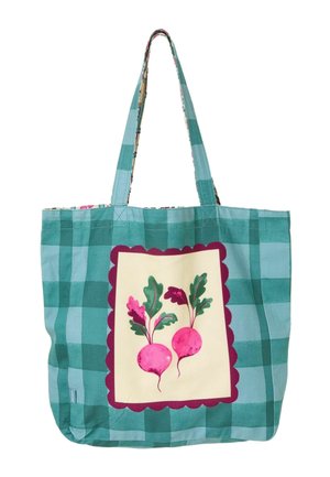 Zielona i morska torba w kratę z dwoma różowymi rzodkiewkami i zielonymi liśćmi nadrukowanymi na kremowym kwadratowym panelu z falistą fioletową ramką.