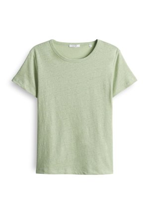 Groen T-shirt met korte mouwen van een gestructureerde stof, met een ronde halslijn en rechte snit. Eenvoudig ontwerp zonder extra patronen.