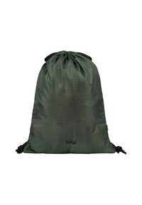 Sacchetto con cordino di un verde scuro, realizzato in tessuto leggero e testurizzato con motivo a griglia e corda regolabile. Logo stampato alla base.