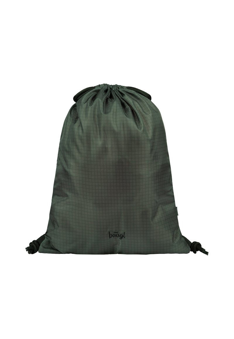 Sacchetto con cordino di un verde scuro, realizzato in tessuto leggero e testurizzato con motivo a griglia e corda regolabile. Logo stampato alla base.