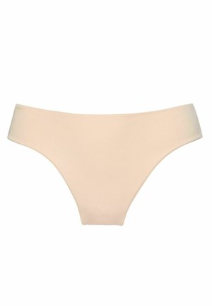 Beige bikinitanga, joka on valmistettu sileästä kankaasta ja jossa on matala vyötärödesign sekä leveät sivuhihnat. Sisältää minimaalista ompelua ja saumatonta reunaa.
