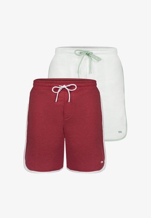 Kaks lühikeste pükste paari: üks helesinine, millel on pael, ja teine tumepunane valgete detailide ning külglogo'ga. Mõlemad on puuvilla segu.