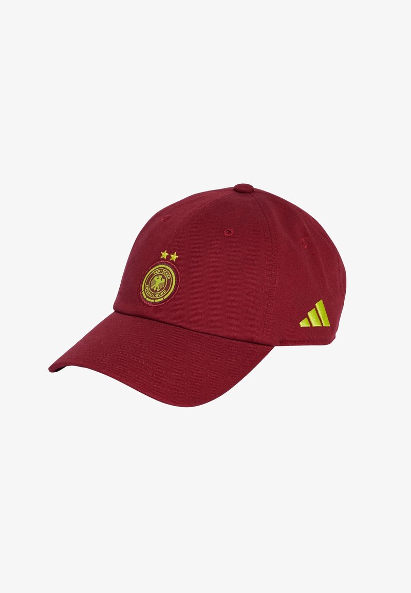 Red cotton baseball cap with yellow accents. Features a round German emblem and two stars on the front; Adidas logo on the side.
