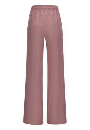 Mauve wide-leg pants with elastic waistband, smooth fabric, and subtle heather texture, shown from the back on a white background.