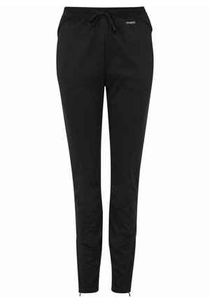 Zwarte sportieve broek met een trekkoord in de taille, gemaakt van gladde stof. Bevat taps toelopende benen en ritsen bij de manchetten voor een verstelbare pasvorm.