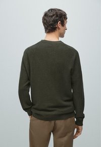 Maglione verde scuro, lavorato a maglia con trama, maniche lunghe e scollo rotondo, indossato con pantaloni marroni, visto da dietro.
