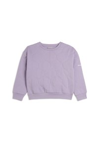 Sudadera color lavanda hecha de tela suave, con una textura acolchada con patrones redondeados, puños acanalados y cuello redondo.