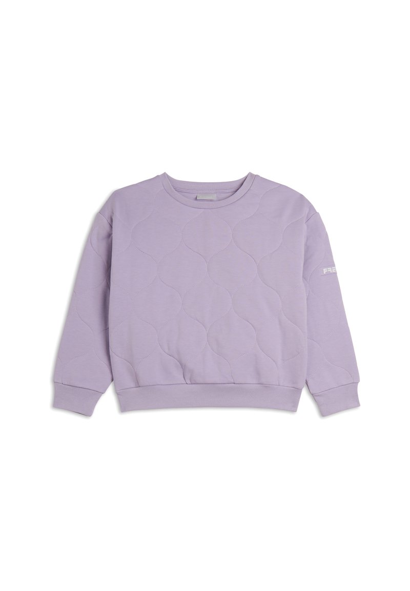 Sudadera color lavanda hecha de tela suave, con una textura acolchada con patrones redondeados, puños acanalados y cuello redondo.